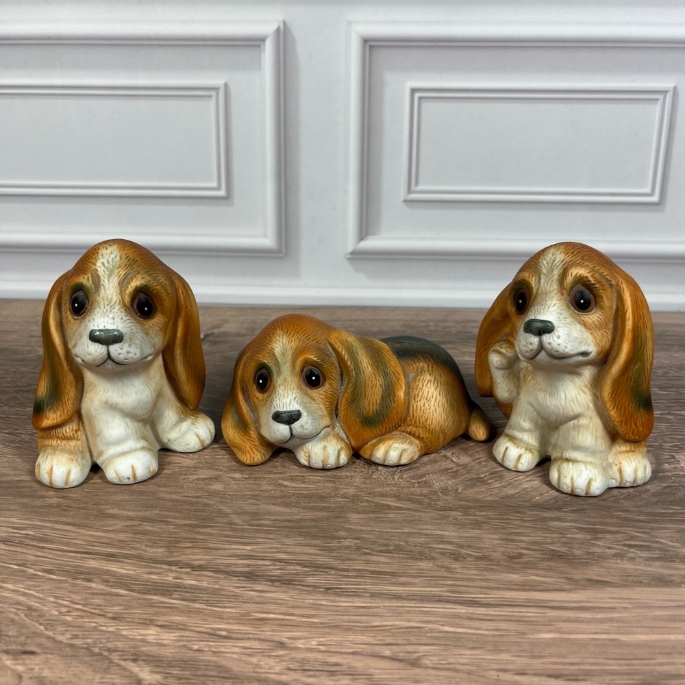 Vintage 1980s Homco Basset Hound Figurine Set 3 Small Porcelain Puppy 1407